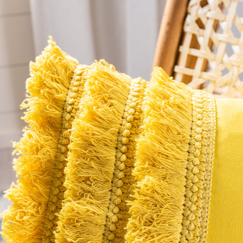 Fringed Cotton Throw Pillow, 12" x 20", Yellow, Rectangular