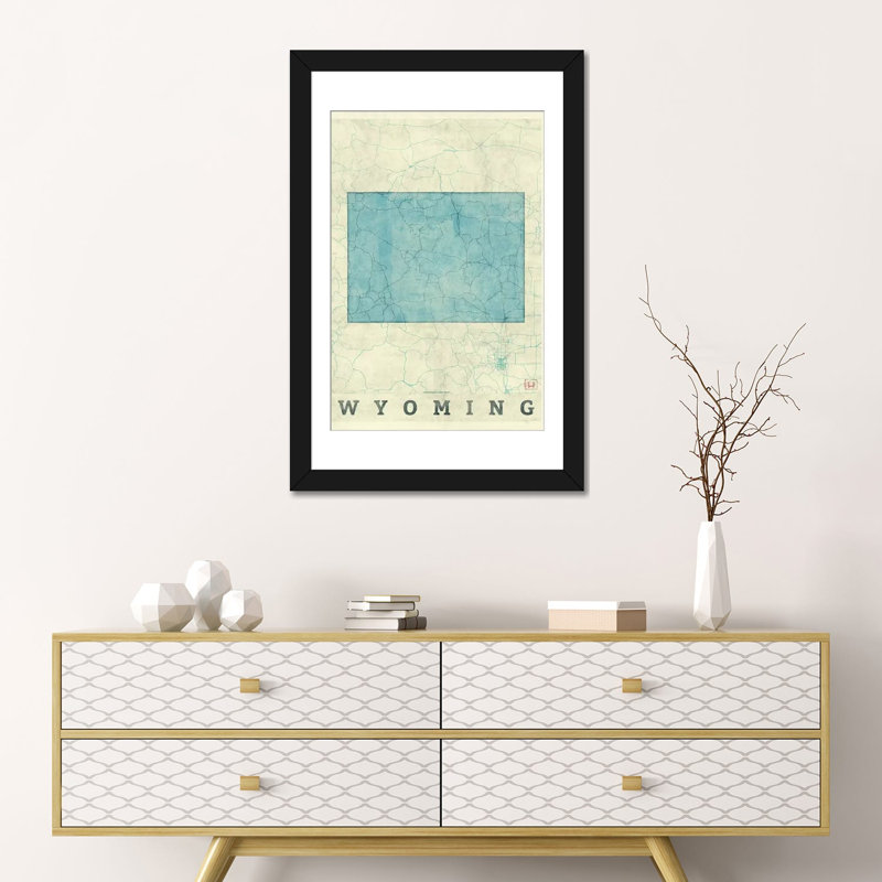 «Wyoming Map», impression sur toile, H 24 po x l 16 po x P 1 po, Papier d'art encadré noir, Blanc