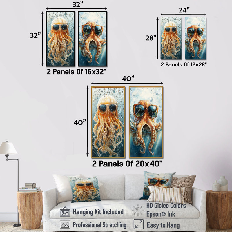 Pieuvre orange avec lunettes dans l'océan I - ensemble d'art mural méduse 2 pièces, H 32 po x l 32 po, Impression encadrée