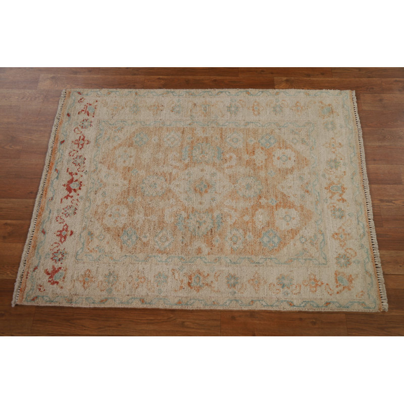Tapis orange en laine noué à la main de conception unique 2 pi 11 po x 3 pi 10 po New Age