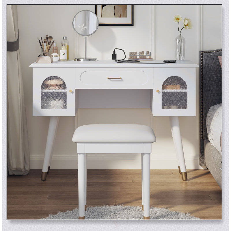 Ensemble de coiffeuse et coiffeuse avec organisateur, bureau d'écriture et port de charge Elegant, Blanc