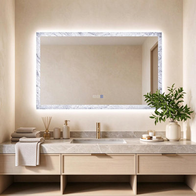 Miroir de salle de bain 122 x 81 cm avec éclairage DEL 3 couleurs, verre trempé, luminosité réglable, antibuée, fonction mémoire, argenté et verre sculpté, fixation murale