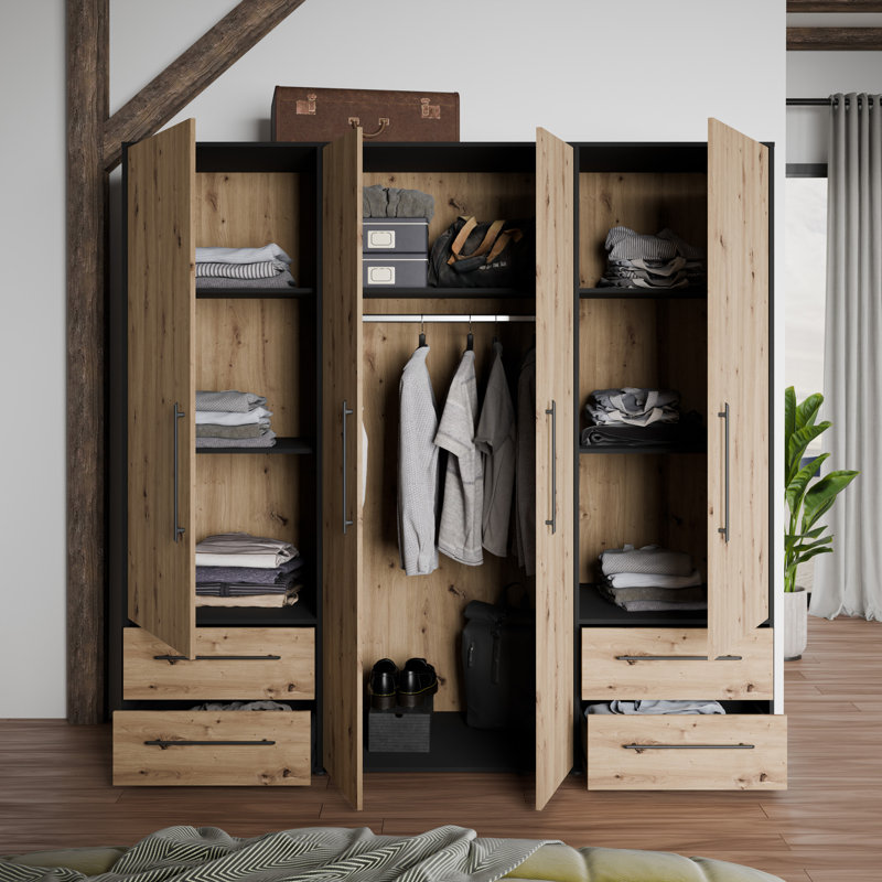 Minija 4 Door Manufactured Wood Wardrobe, Matte Black/Oak
