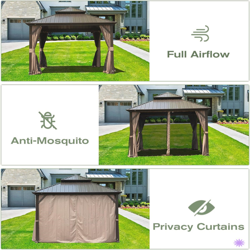 Outdoor Gazebo with Galvanized Steel Double Roof, 120.05" H x 167.93" W x 144.06" D, Brown