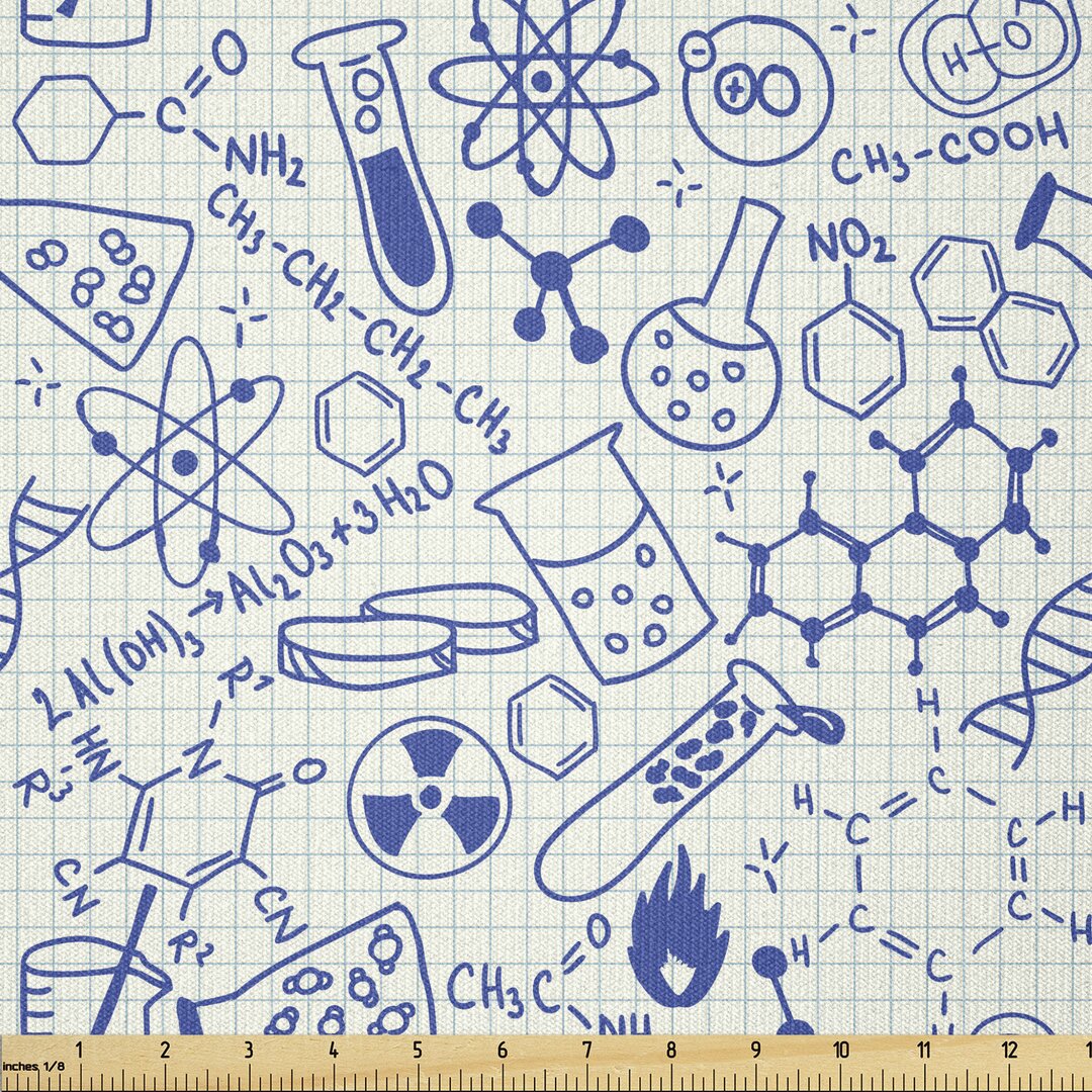 Stoff als Meterware, Geometrie Chemie Theme, Wissenschaft, Blau und Elfenbein