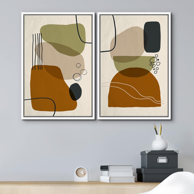 Reproduction de style Mid-Century brun vert et gris, symbole de collage de formes abstraites modernes sur toile, 2 pièces