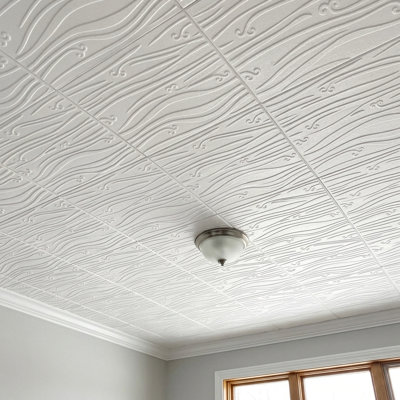 Carreaux de plafond en polystyrène 20X20 avec panneaux décoratifs à coller pour une installation facile à faire soi-même, ainsi que pour la rénovation de la maison et du sous-sol. R102 Ondes ondulées, blanc uni, lot / 8