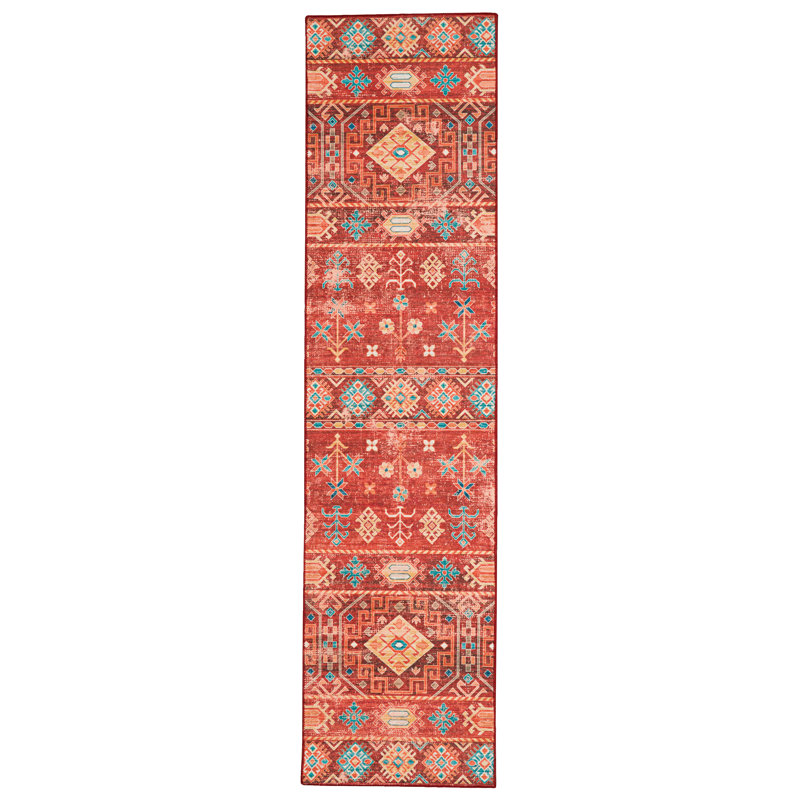 Tapis lavable tissé à la machine rouge et ivoire, Tapis de couloir 2 pi x 8 pi