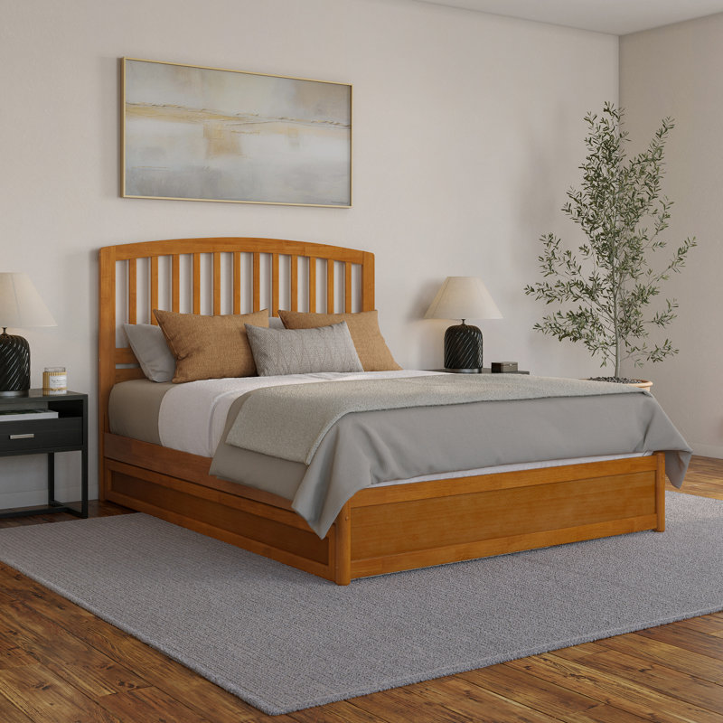 Lit plateforme en bois massif Lamari avec pied de lit et lit gigogne, Caramel clair, Grand