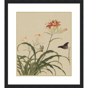 Daylilies and Butterflies by Yu Zhi - Single Picture Frame Print on Paper