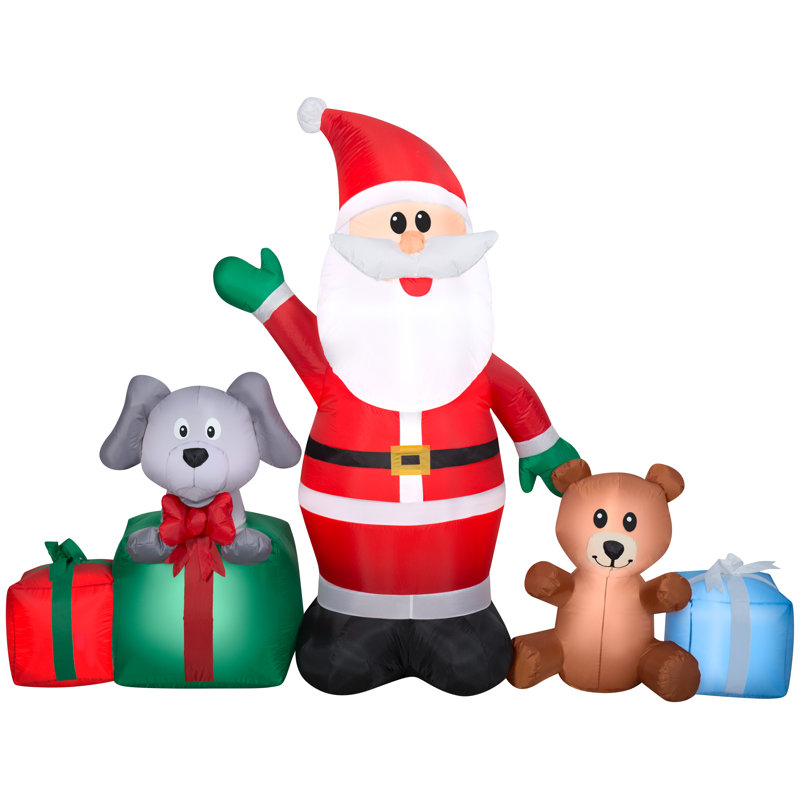 Gemmy 5 ft Red Inflatable Santa with Puppy and Teddy Bear