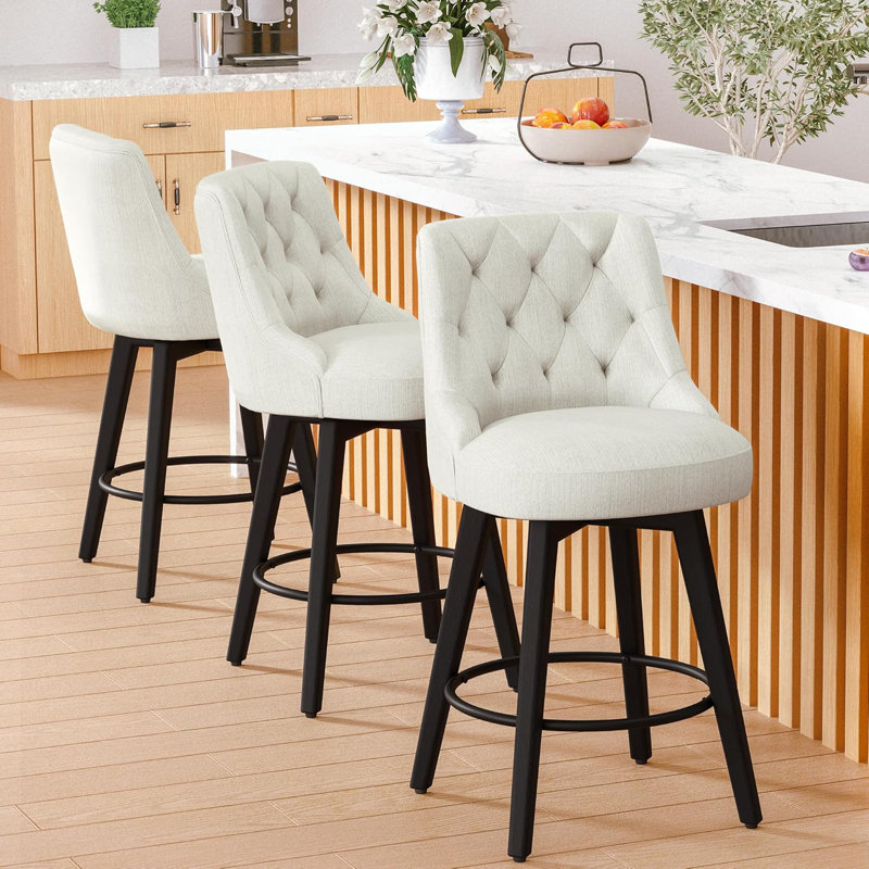 Counter Height Bar Stools With Back, 26“H Upholstered Swivel Barstools With Solid Wood Legs For Kitchen Island, Performance Modern Fabric Counter Stools
