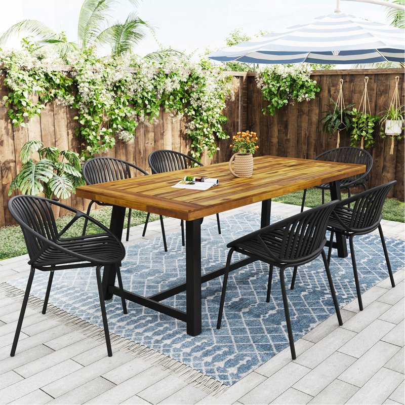 Ensemble de salle à manger d'extérieur moderne 7 pièces avec chaise empilable, noir + teck
