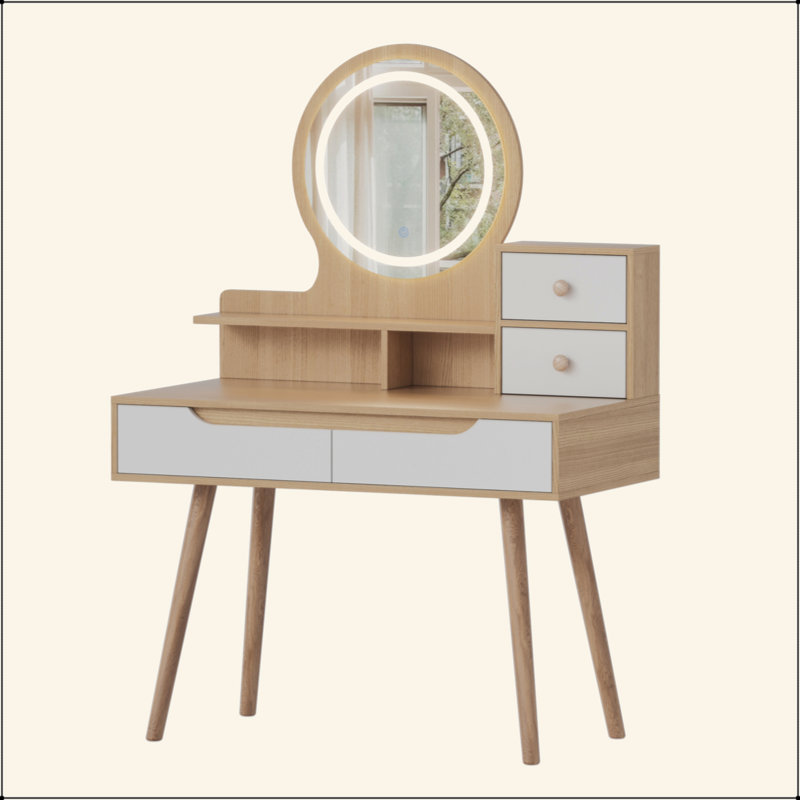 Makeup Vanity Desk With 3 Adjustable Lighted Mirror With Solid Wood Table Feet , Dressing Table Set With 4 Drawers And 3 Open Shelves  For Small Space Bedroom
