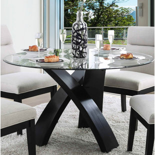 Meece Round Glass Top Solid Wood Base Dining Table