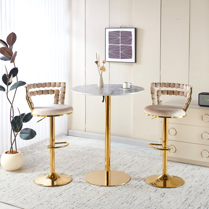 Ensemble de table de bar avec 2 tabourets de bar réglables, table de pub ronde à motif de marbre, Beige