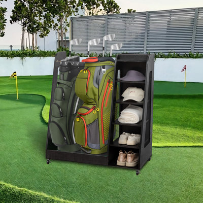 Organisateur de sac de golf autoportant en bois de 35,5 po de largeur et support de rangement pour club de golf avec 5 tablettes et roues pour chaussures de golf