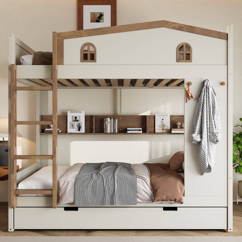 Lit superposé double en bois massif avec lit gigogne, tablettes et crochets de rangement, aucun sommier nécessaire, beige et naturel
