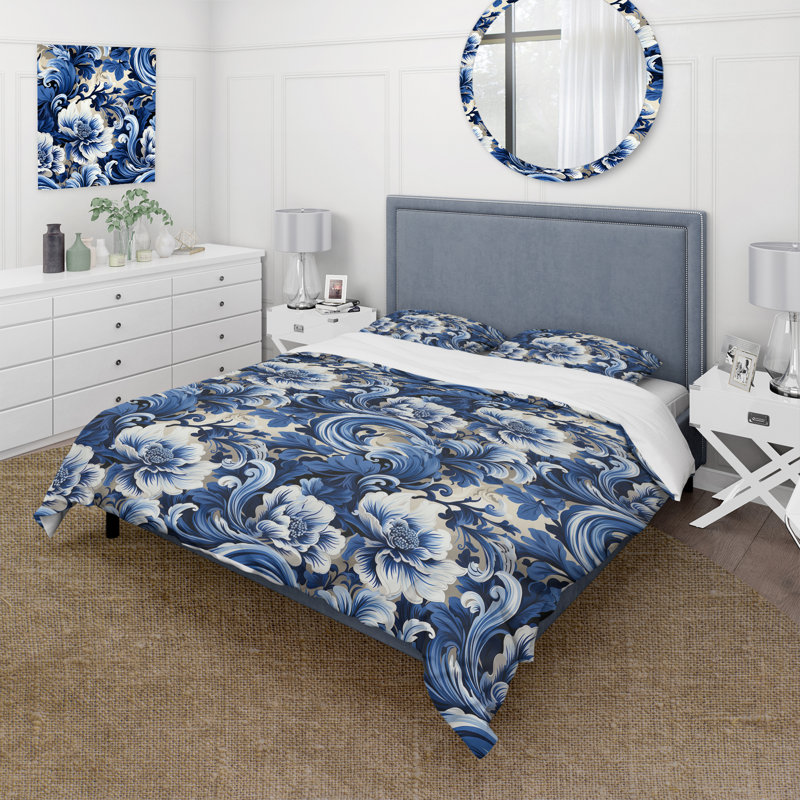 Ensemble de housse de couette Blue Victorian Scrollwork Victorian Pattern, Housse de couette pour très grand lit et 2 très