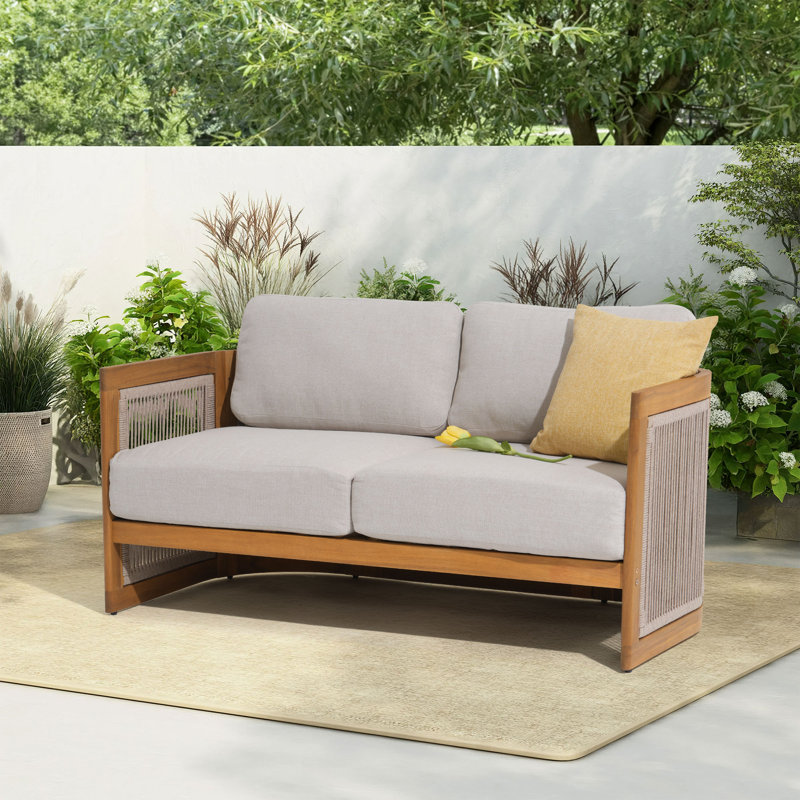 Collman Solid Acacia Wood Outdoor Loveseat with Cushions