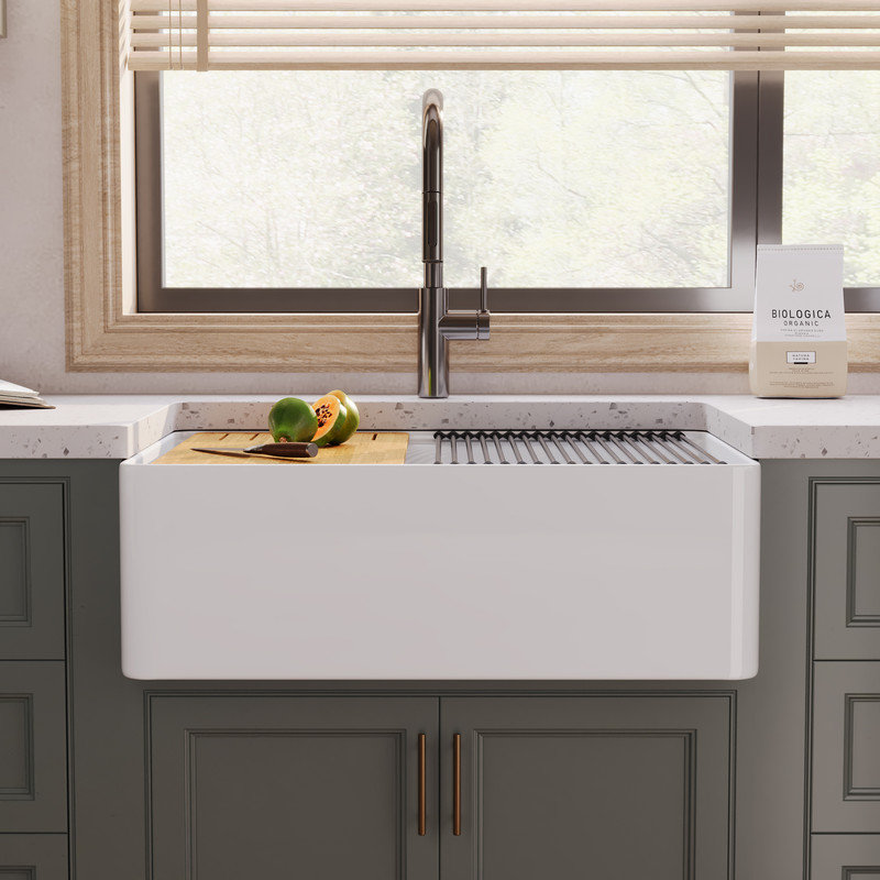White Fireclay Single Basin Farmhouse Workstation Kitchen Sink