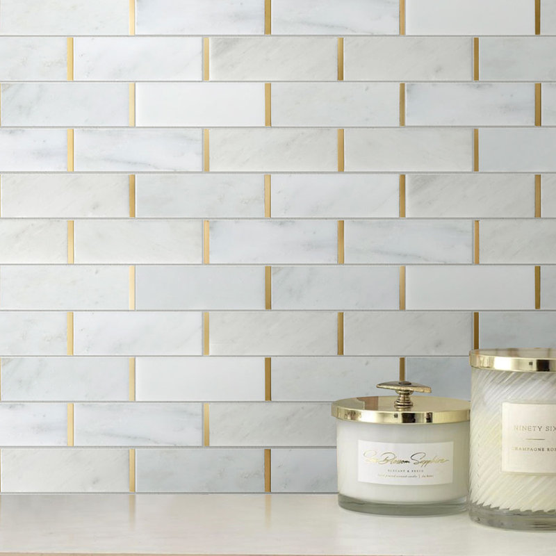 Supreme Tile Natural Bianco 2" x 6" Marble Brick Joint Mosaic Wall Tile, Gold/White