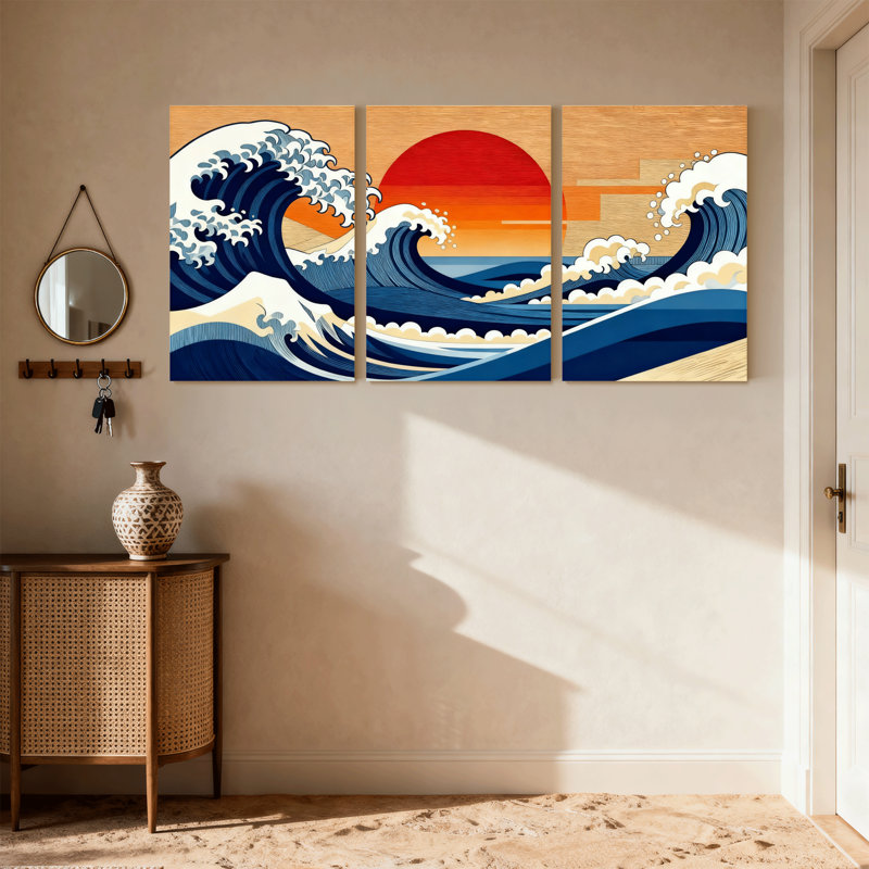 «Nautical & Beach Wave Sunset Ocean Reflection», ensemble de 3 reproductions d'art sur toile, H 36 po x l 72 po