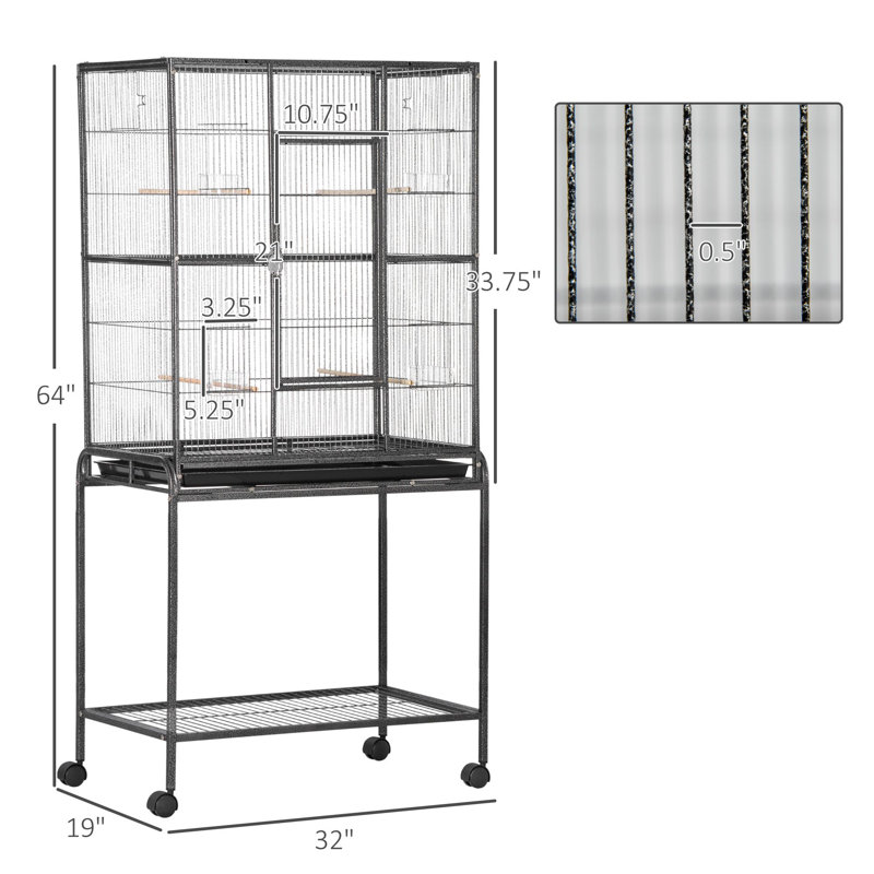 Cage à oiseau 1 pièce en métal / acier / plastique noir, gris avec support roulant