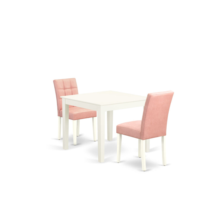 3 Piece Dinette Table Set Includes A Dinner Table and 2 Beige Red Polyester Fabric Kitchen Chairs with Stylish Back- Linen White Finish