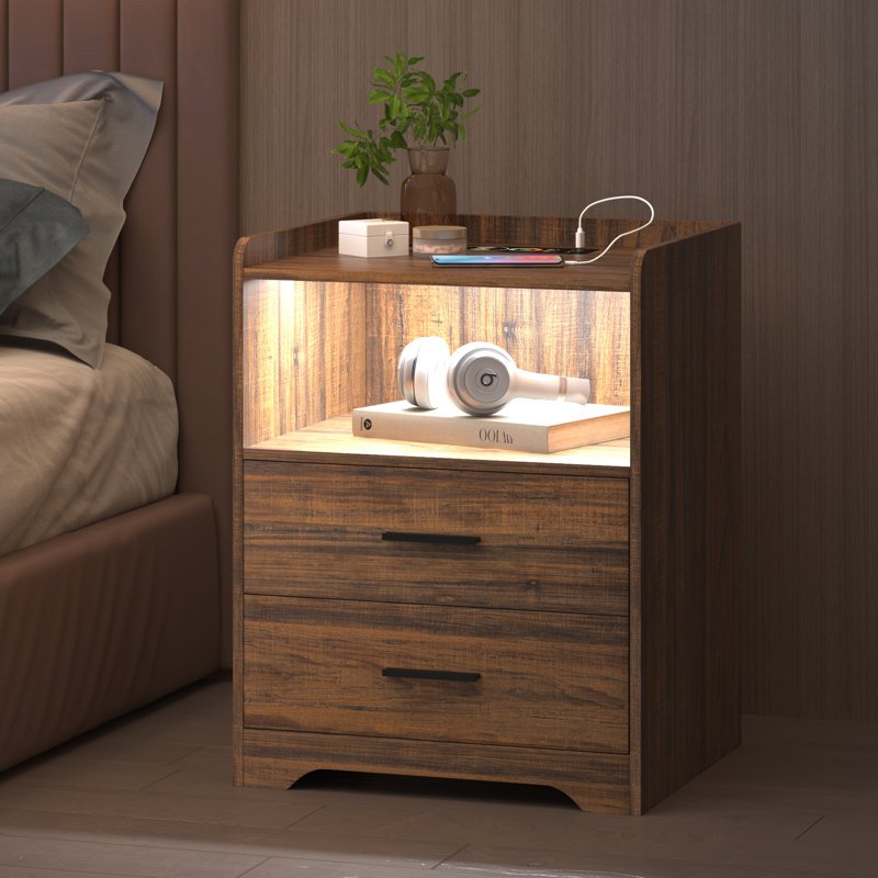 17.7"2-Drawers Modern Nightstand With 20-Color RGB Lighting and Motion Sensor, Brown