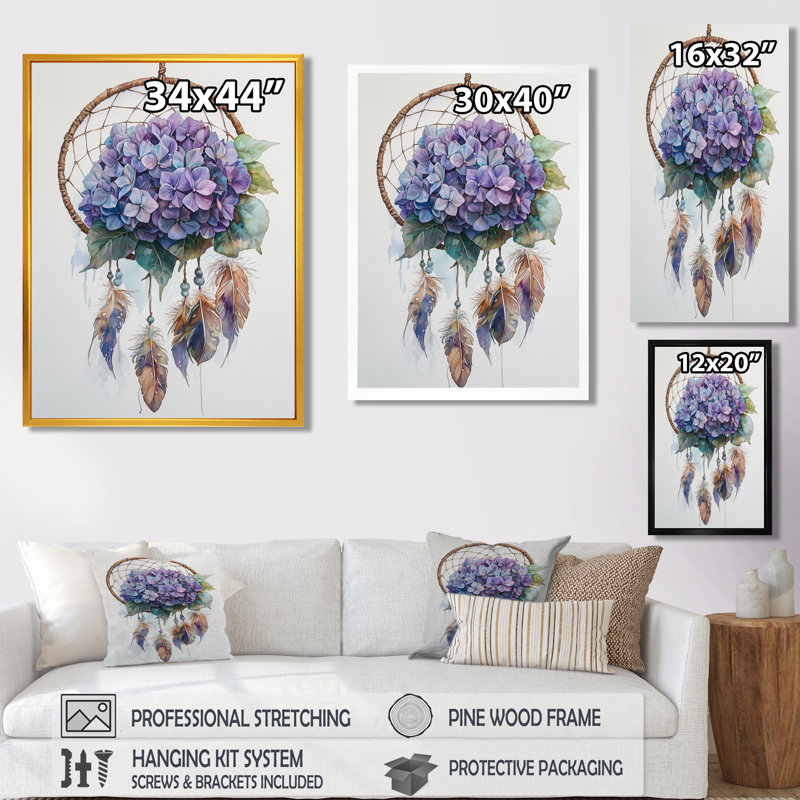 Kibler Hydrangea Dreamcatcher II - hortensia, décoration murale, Noir, Reproduction avec cadre flottant, H 20 po x l 12 po