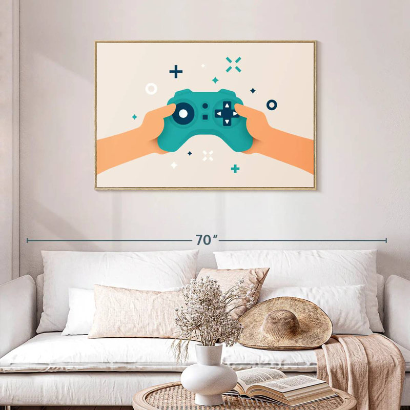 Caricature de manette de jeu vidéo, Cadre flottant en bois naturel, 43 po x 29 po