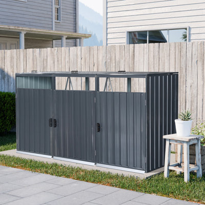 La remise à poubelle contient 3 poubelles en métal pour le rangement des ordures, acier galvanisé inoxydable, remise pour poubelle de jardin, gris