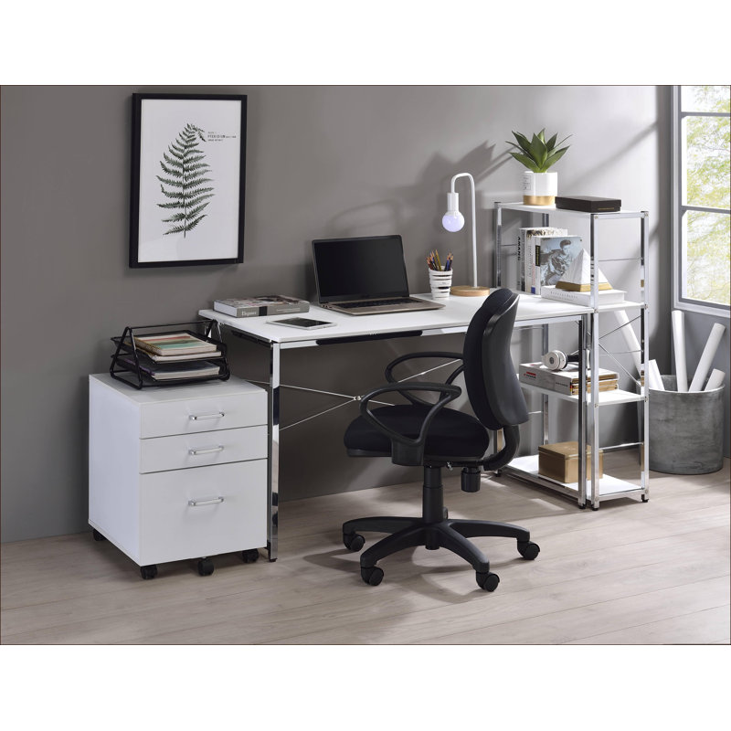 Bureaux, bureau moderne blanc avec structure en métal chromé et amp; Barre transversale en forme de X | Blanc, bois composite
