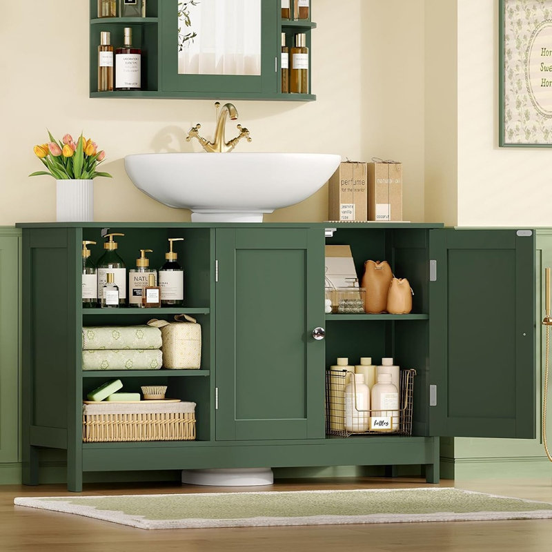 Pedestal Sink Storage Cabinet With 2 Doors And Adjustable Shelves, Bathroom Sink Cabinet, Under Sink Storage With U-shape Cut-out, Green