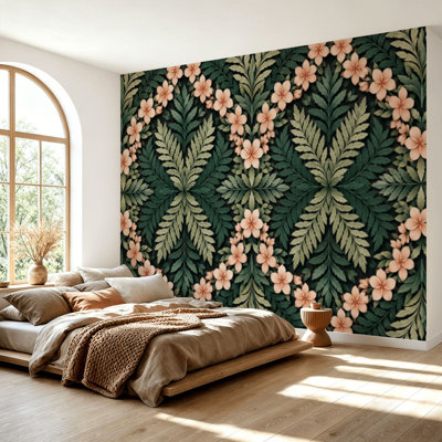 Papier peint adhésif autocollant fleurs roses tropicales dessinés à la main sans soudure à feuilles vertes noir Papier autocollant amovible pour salle de séjour H 69 po x l 96 po