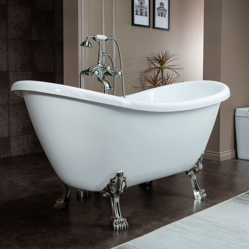 59" x 28" Clawfoot Soaking Acrylic Bathtub, White, Brushed Nickel