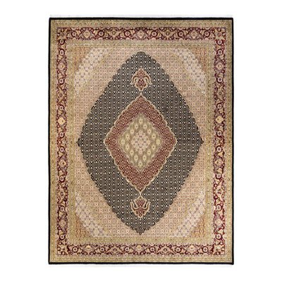 Tapis noir en laine noué à la main de conception unique 8 pi 10 po x 11 pi 10 po New Age