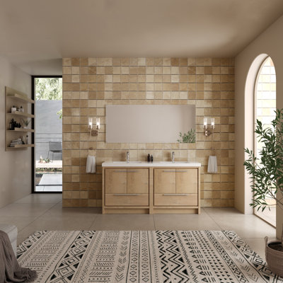 Meuble-lavabo double 72 po avec comptoir en pierre blanc brillant, 2 tiroirs, 4 portes, moderne