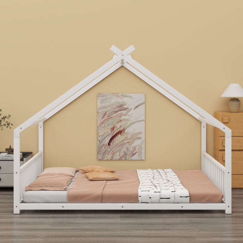 Modern Metal House Bed with Sturdy Construction, White