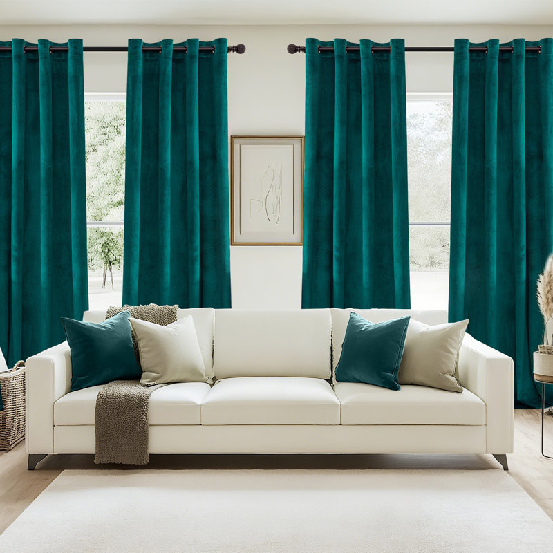 4Pcs Velvet Solid Color Metal Grommets Room Darkening Curtain Panels (Set of 4), Teal, 52" W x 96" L