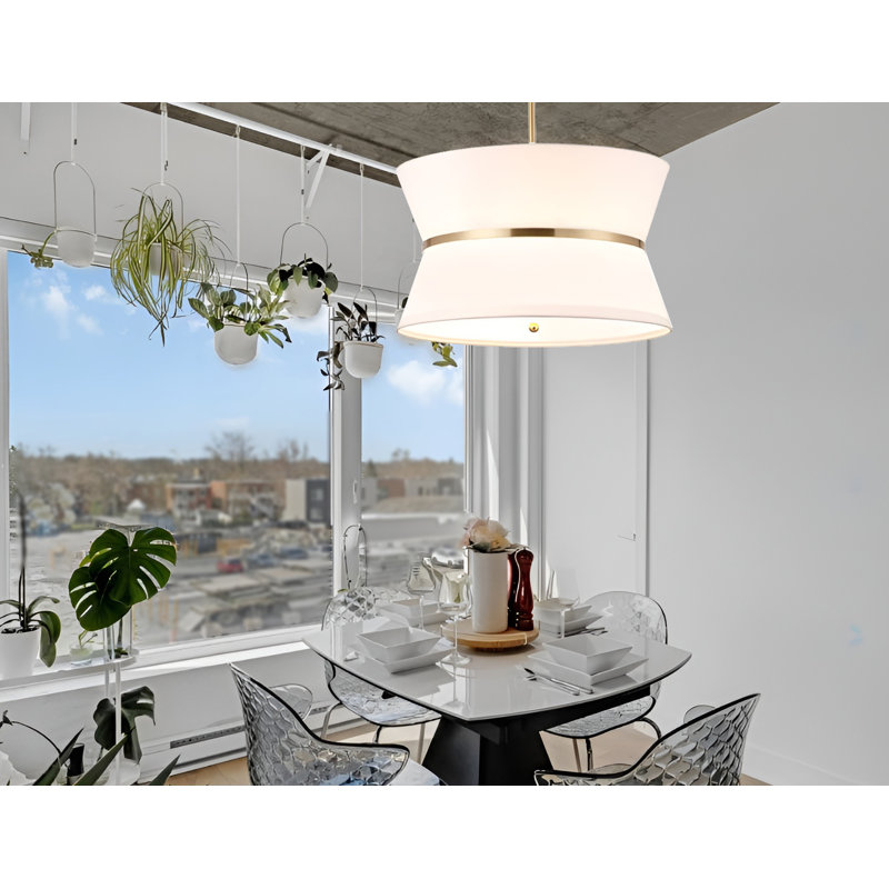 3-light 18" Wide Gold Drum Mini Pendant Light With White Fabric Shade
