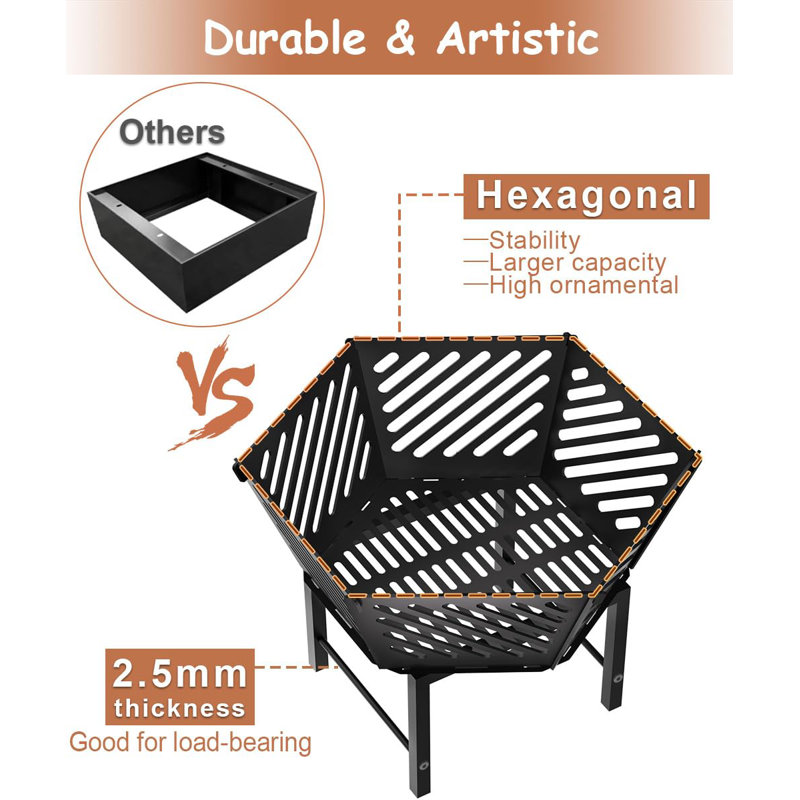 22.5 Inch Black Hexagon Portable Wood Fire Pit