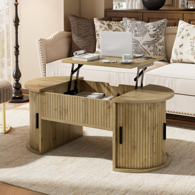 Modern Height-Adjustable Coffee Table with Open Shelves, Hidden Storage & Sliding Doors