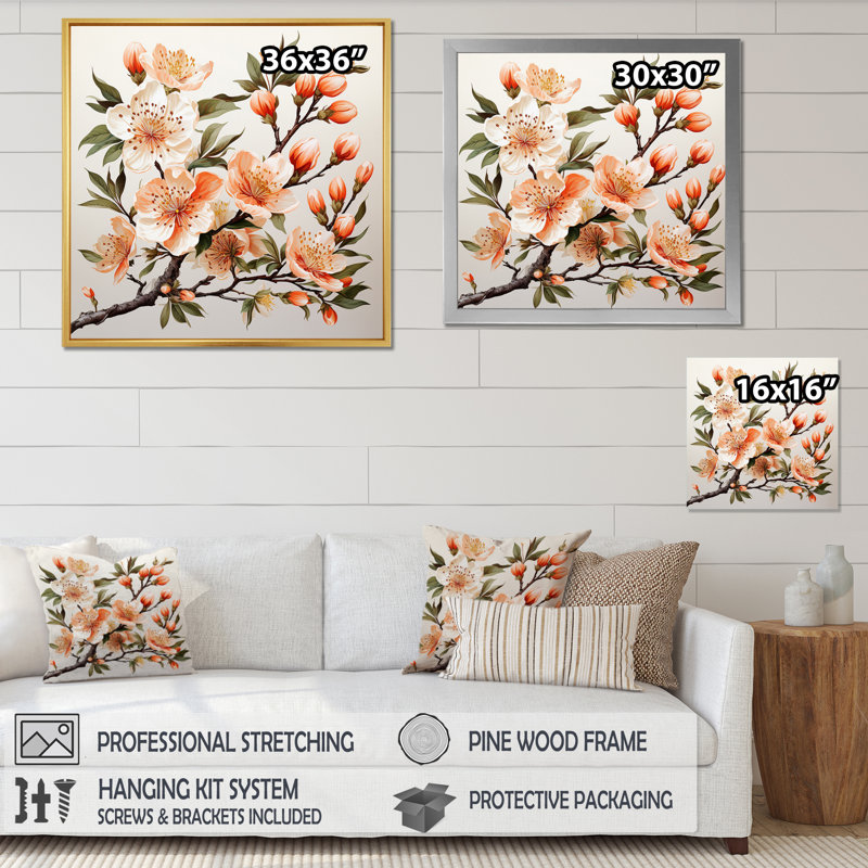 «Peach Blossom Bliss III», reproduction sur toile, H 16 po x l 16 po x P 1 po, Cadre flottant doré