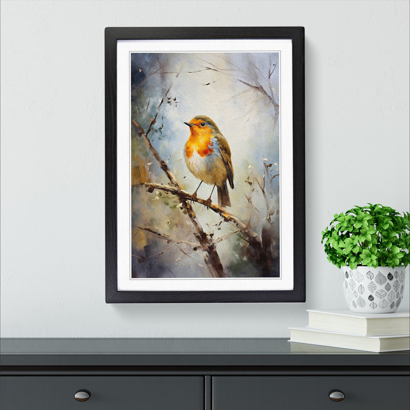 Robin Bird Impressionism - Single Picture Frame Print on Wood, 46cm H x 34cm W x 2cm D, Black