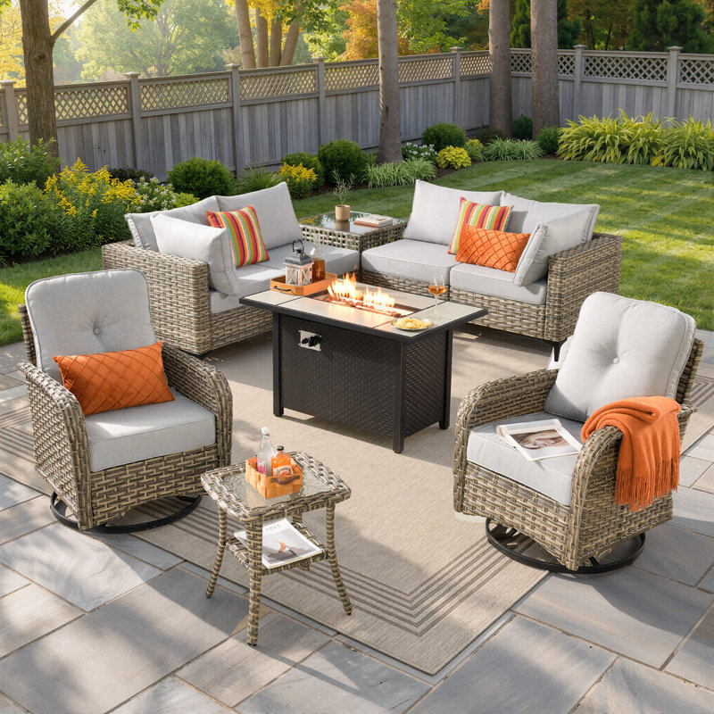 Tommy Outdoor Wicker 6 Person Seating Group With Cushions With Rocking And Swivel Chairs, Gray, Yes