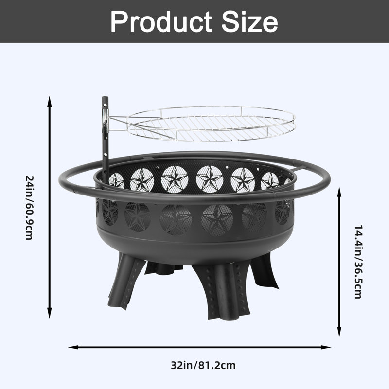 32" Black Steel Wood Burning Fire Pit Table with Grill & Lid
