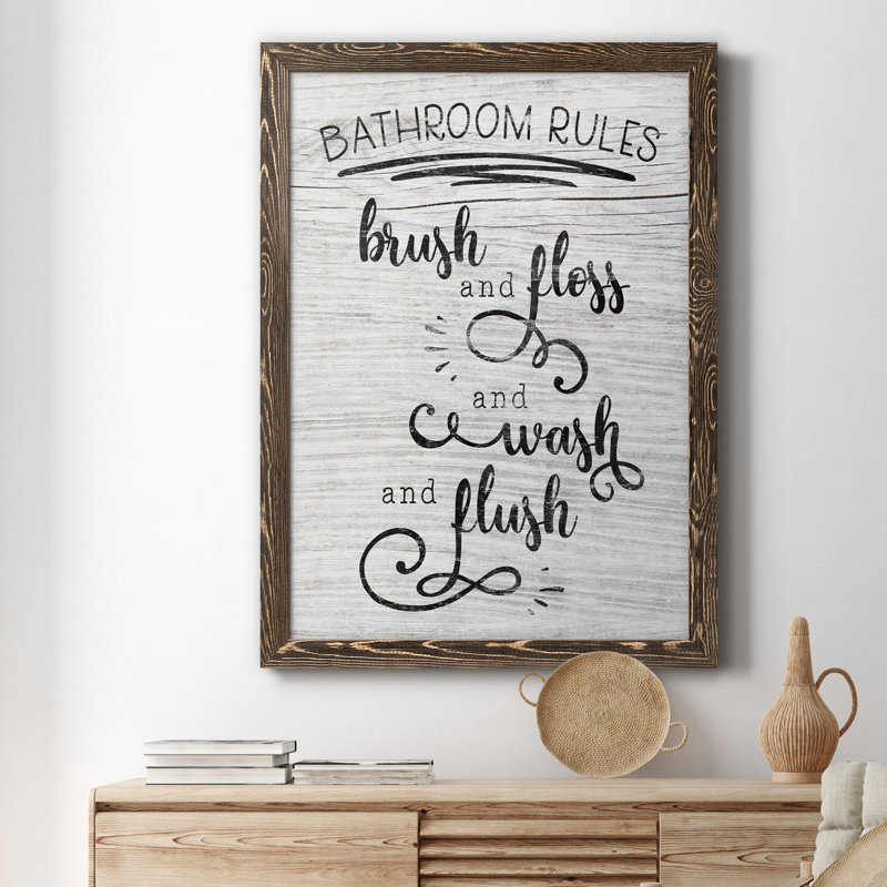 "Bathroom Rules" - Art textuel sur toile, H 20 po x l 17 po x P 1,5 po, Noyer