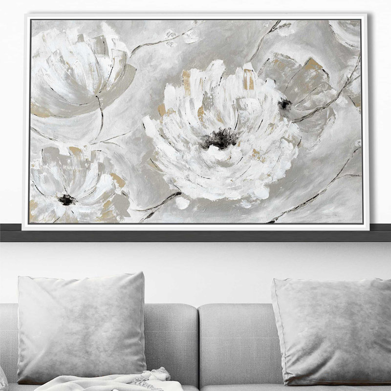 «Silver Sun Garden» par - Peinture, Cadre flottant blanc, H 27,5 po x l 43,5 po x P 2 po